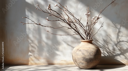 Sunlit Serenity: Dried Branches in Earthen Vase