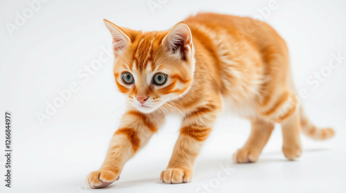 Alert ginger kitten poised to pounce against a pristine white backdrop
