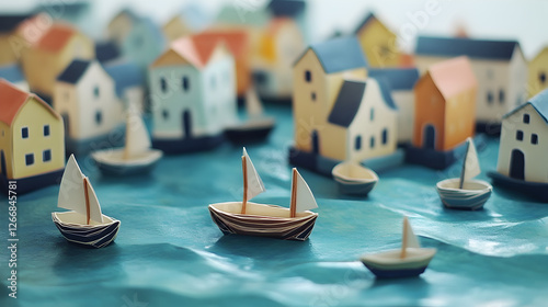 paper town with small boats floating on a hand-painted blue surface representing water 