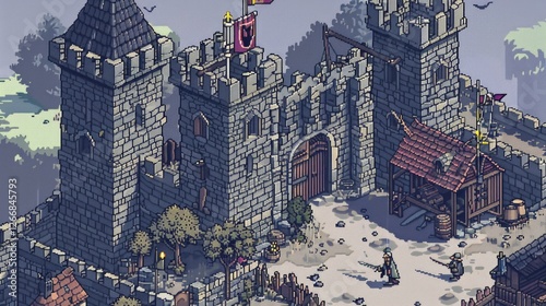 Imagine a pixel art scene of a medieval castle, complete with towering walls