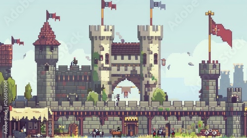 Imagine a pixel art scene of a medieval castle, complete with towering walls