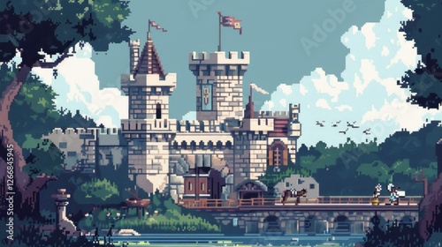 Imagine a pixel art scene of a medieval castle, complete with towering walls