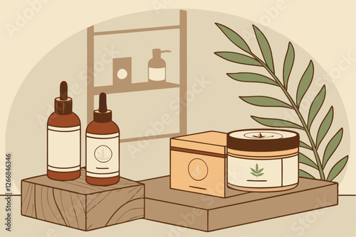 Natural skincare display, wooden table, apothecary bottles, green plants, organic packaging, soft lighting, rustic aesthetic, herbal ingredients, eco-friendly products, botanical elements, glass ja