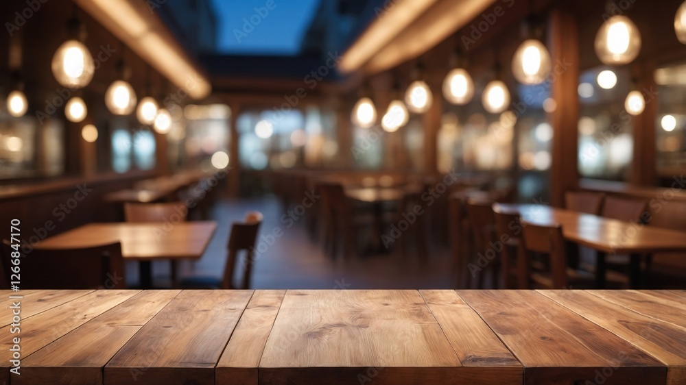 Wooden Tabletop with Bokeh Lights and Blurred Restaurant Background Wooden Tabletop with Bokeh Lights and Blurred Restaurant Background