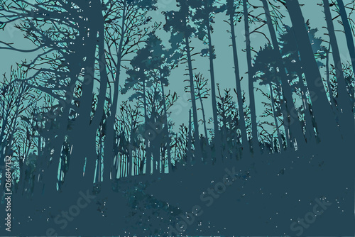  A photograph of a dense, eerie forest with tall, thin trees. The trees are mostly bare, with some sparse foliage. The ground is covered in a thick layer of fallen leaves and underbrush. The sky is 
