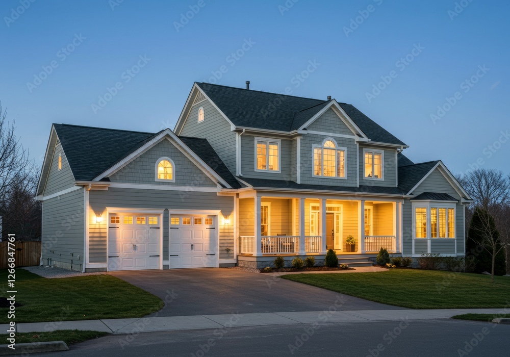 Two-story house at dusk, gray exterior, white trim, porch with columns Two-story house at dusk, gray exterior, white trim, porch with columns