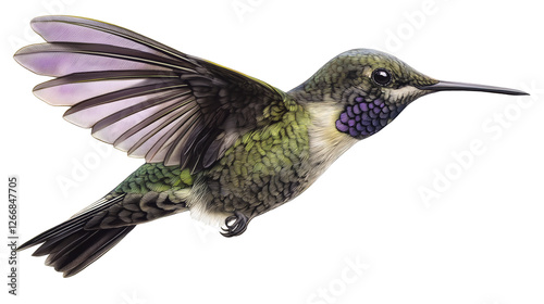 Purple hummingbird in flight displaying vibrant colors and intricate wing details