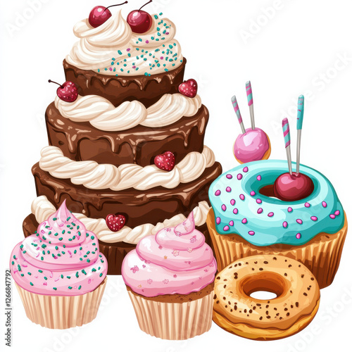 A detailed logo with a transparent white background. In this logo there should be a two-tiered chocolate cake, with vanilla frosting.