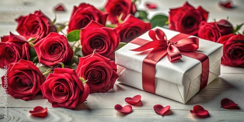 A luxuriously wrapped present adorned with a vibrant crimson ribbon rests amidst a cluster of deeply red roses, scattered petals forming a heart-shaped pattern on a pristine white wooden surface.