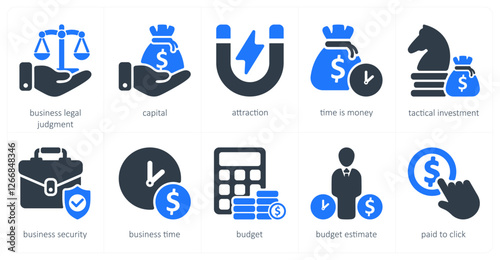 A set of 10 business icons as business legal judgement, capital, attraction