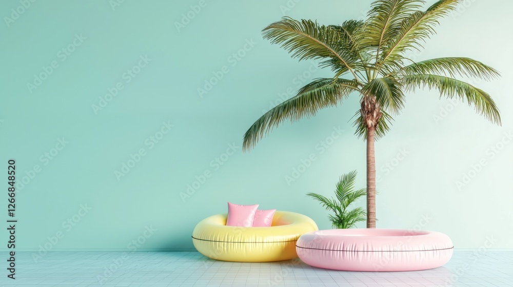 Obraz premium Pastel inflatable lounge chairs, tropical oasis, mint-green wall, summer scene