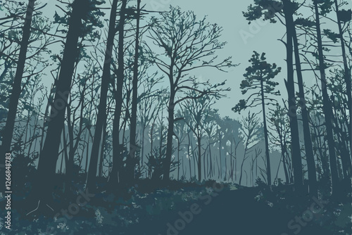  A photograph of a dense, eerie forest with tall, thin trees. The trees are mostly bare, with some sparse foliage. The ground is covered in a thick layer of fallen leaves and underbrush. The sky is 