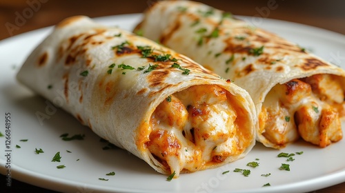 Two delicious chicken wraps presenting melted cheese and parsley on white plate