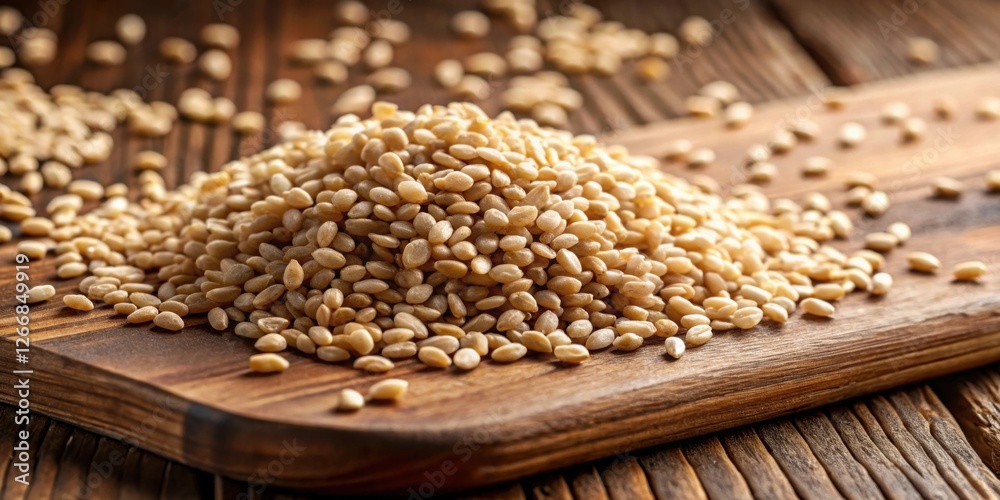 Obraz premium A Bountiful Heap of Creamy-Colored Seeds Resting on a Rustic Wooden Board