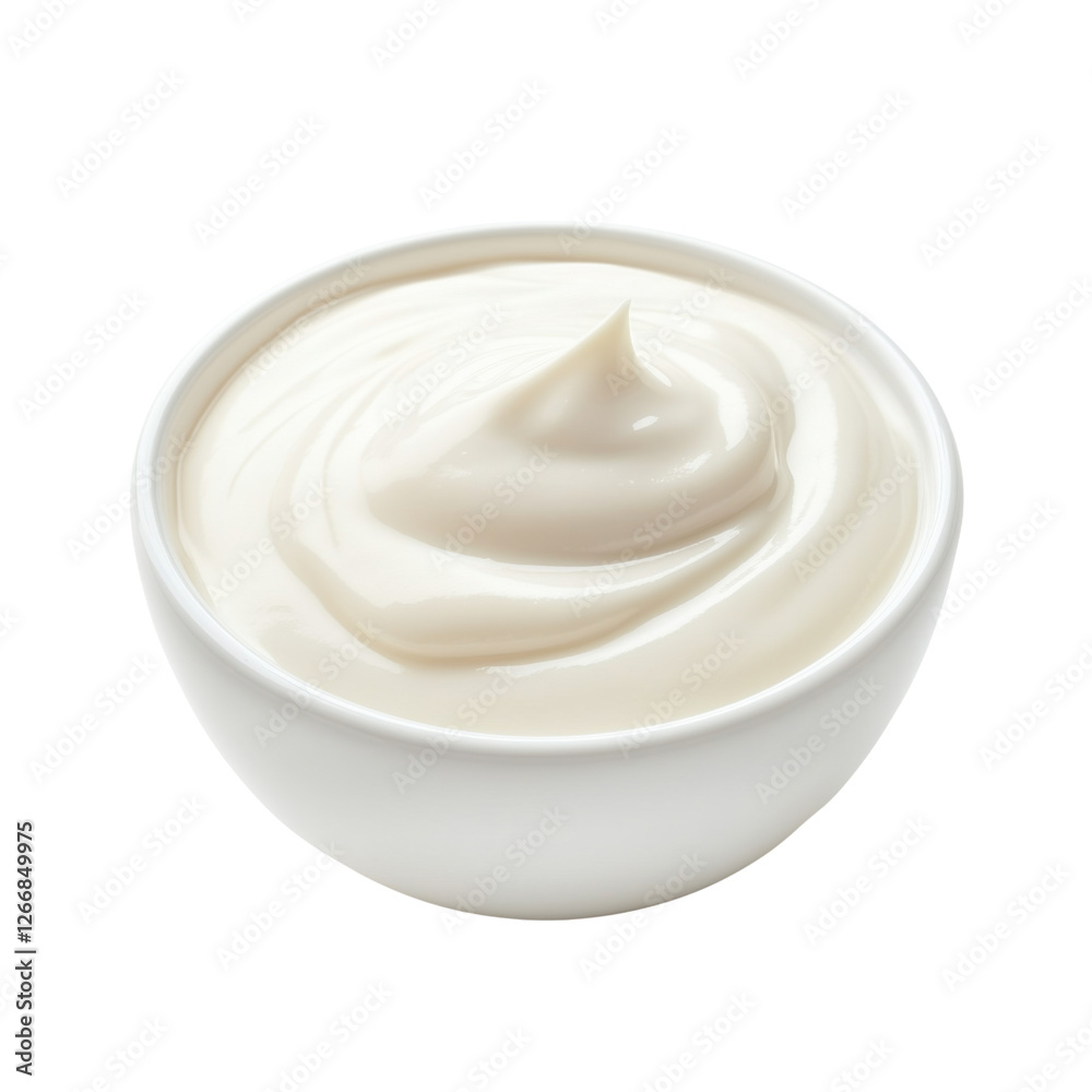 Close-up view of smooth, creamy mayonnaise in a white bowl. Ideal for food styling, condiment presentations, or culinary designs. Isolated on white background Close-up view of smooth, creamy mayonnaise in a white bowl. Ideal for food styling, condiment presentations, or culinary designs. Isolated on white background