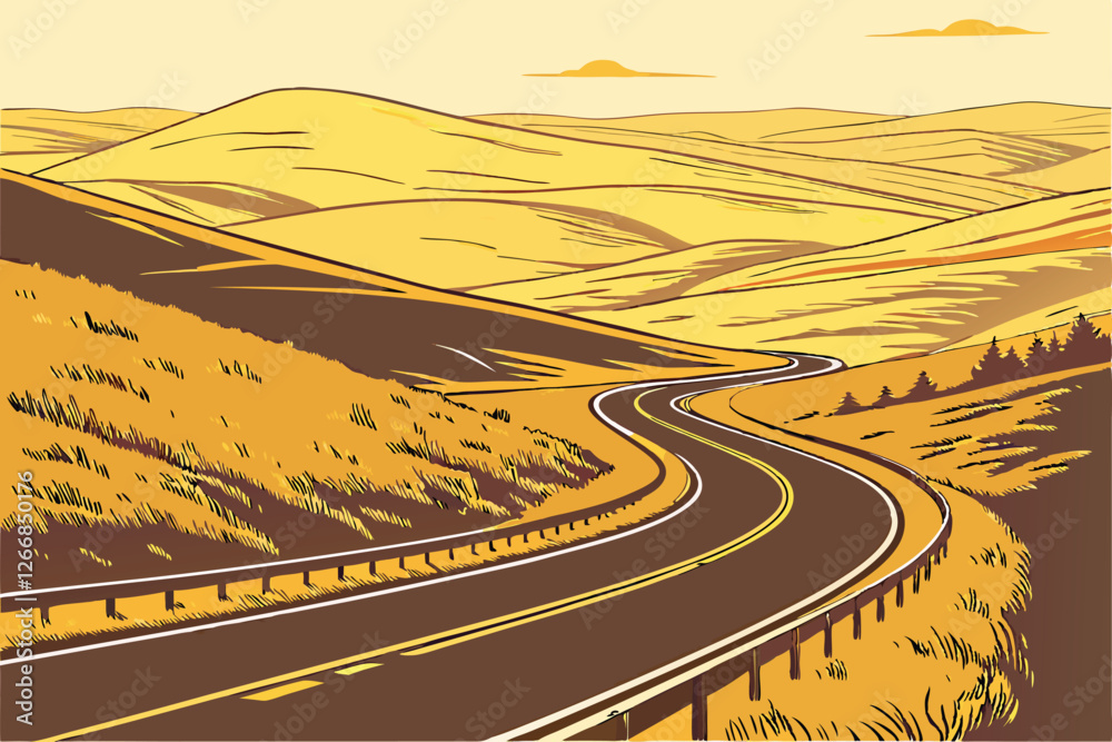  Winding highway, curving road, rolling hills, autumn colors, golden landscape, smooth asphalt, guard rails, S-curves, remote countryside, empty road, scenic drive, undulating terrain, expansive vis
