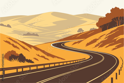  Winding highway, curving road, rolling hills, autumn colors, golden landscape, smooth asphalt, guard rails, S-curves, remote countryside, empty road, scenic drive, undulating terrain, expansive vis