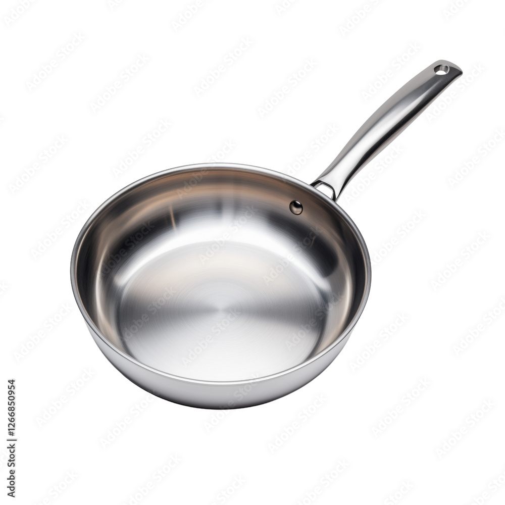 Stainless steel frying pan with a shiny finish. Ideal for cooking various dishes, featuring a sleek design and durable handle. Isolated on white background Stainless steel frying pan with a shiny finish. Ideal for cooking various dishes, featuring a sleek design and durable handle. Isolated on white background