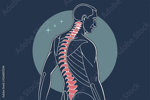  CGI illustration of a human male viewed from behind, showing the spine and surrounding muscles. The image is in a medical, scientific style with a focus on anatomy. The background is dark blue wit