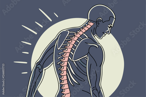  CGI illustration of a human male viewed from behind, showing the spine and surrounding muscles. The image is in a medical, scientific style with a focus on anatomy. The background is dark blue wit