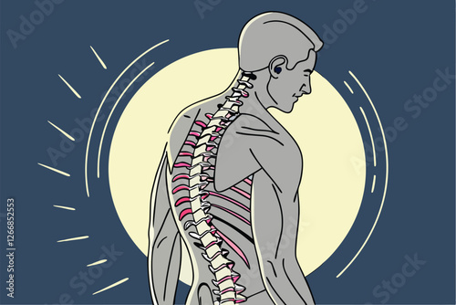  CGI illustration of a human male viewed from behind, showing the spine and surrounding muscles. The image is in a medical, scientific style with a focus on anatomy. The background is dark blue wit