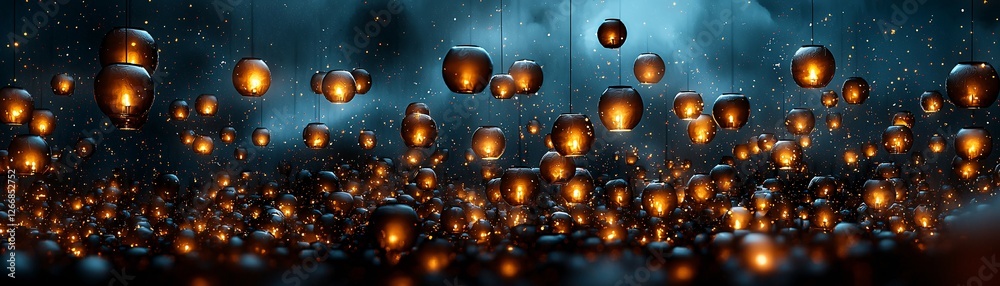 Obraz premium A field of floating lanterns, each containing a tiny glowing spirit, a warm and melancholic ambiance, surreal and deeply emotional, fine art photography, high detail