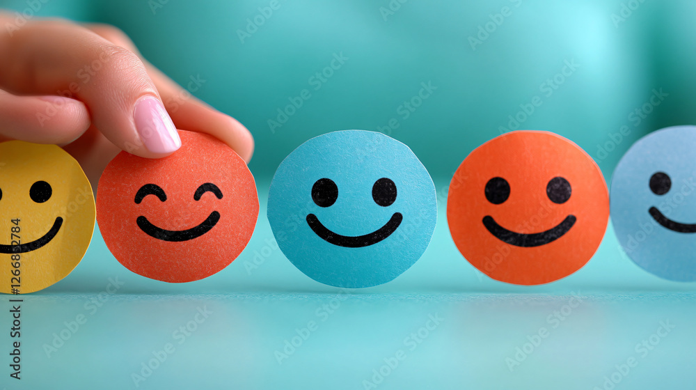 Person selecting a cheerful smiley face paper among various smiley face designs on a small piece of paper Person selecting a cheerful smiley face paper among various smiley face designs on a small piece of paper
