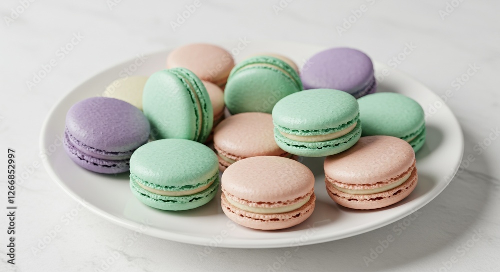 Pastel Macarons on White Plate for Dessert Presentation and Party Decor Pastel Macarons on White Plate for Dessert Presentation and Party Decor