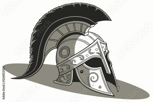   ancient Greek helmet, Corinthian style, weathered metal, ornate engravings, black horsehair crest, intricate details, battle-worn, heroic, mythological, dramatic lighting, photorealistic texture, 