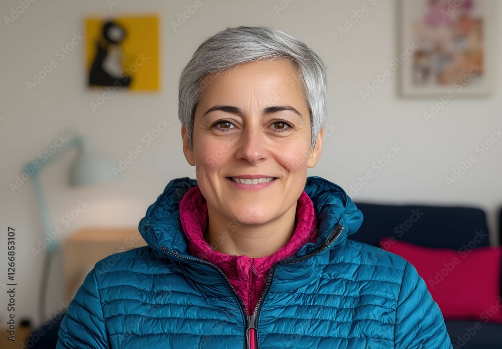 Smiling middle-aged woman with short gray hair in modern interior Smiling middle-aged woman with short gray hair in modern interior
