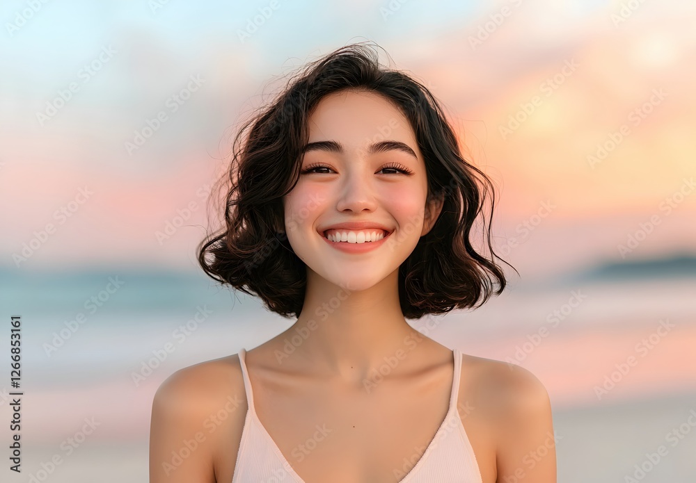 Happy woman with short hair smiling at beach during sunset moment Happy woman with short hair smiling at beach during sunset moment