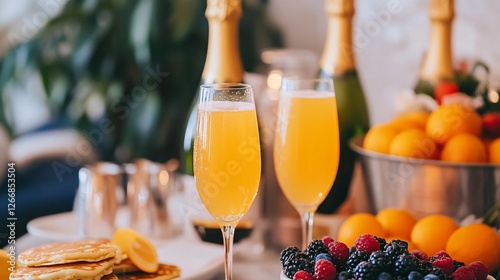A relaxed Sunday brunch mimosa station, with fluffy pancakes, fresh berries, and a pitcher of freshly squeezed orange juice alongside the champagne