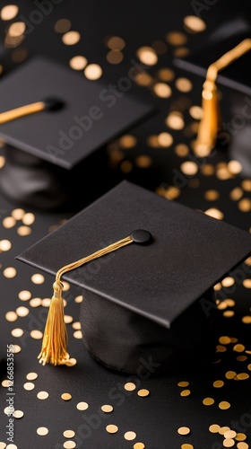 Elegant Elegant black and gold graduation backdrop featuring caps diplomas and glowing confetti luxurious and celebratory atmosphere  photo