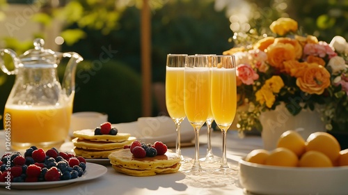 A relaxed Sunday brunch mimosa station, with fluffy pancakes, fresh berries, and a pitcher of freshly squeezed orange juice alongside the champagne