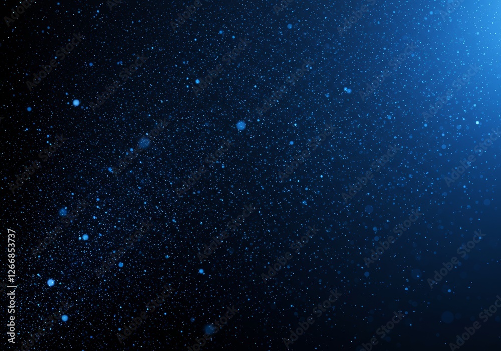 Obraz premium Photo of a dark blue gradient background with white and blue light particles trailing from left to right, creating a cosmic, ethereal effect with a dreamy atmosphere.