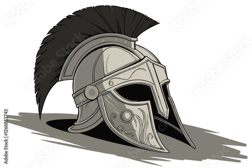   ancient Greek helmet, Corinthian style, weathered metal, ornate engravings, black horsehair crest, intricate details, battle-worn, heroic, mythological, dramatic lighting, photorealistic texture, 