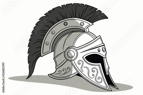   ancient Greek helmet, Corinthian style, weathered metal, ornate engravings, black horsehair crest, intricate details, battle-worn, heroic, mythological, dramatic lighting, photorealistic texture, 