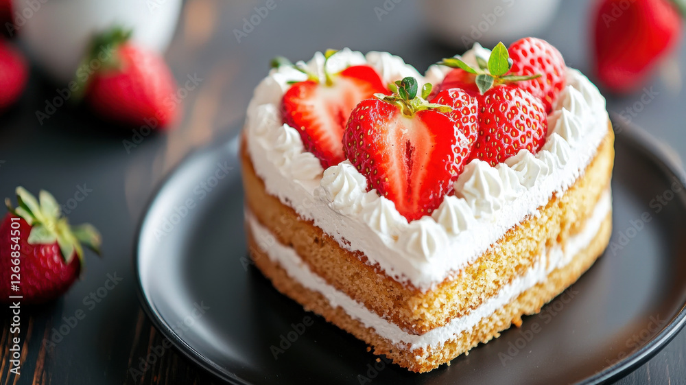 Delicious heart shaped cake topped with fresh strawberries and cream Delicious heart shaped cake topped with fresh strawberries and cream