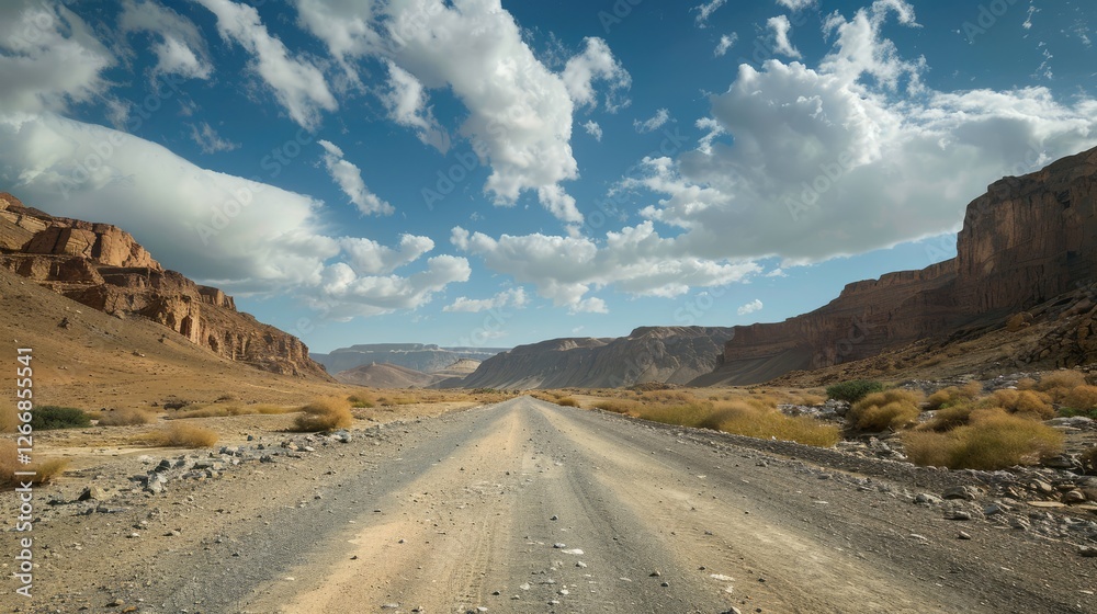 Scenic view of a rugged desert road stretching through dramatic canyons under a vibrant sky with scattered clouds Scenic view of a rugged desert road stretching through dramatic canyons under a vibrant sky with scattered clouds