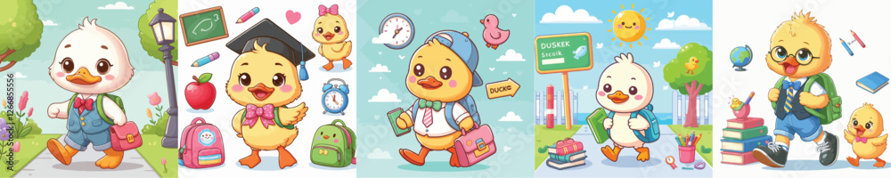 Naklejka premium vector of ducks going to school
