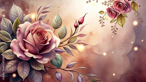 Vibrant bouquet of roses and delicate blossoms in a dreamy and ethereal background of soft colors and light effects. Generative AI