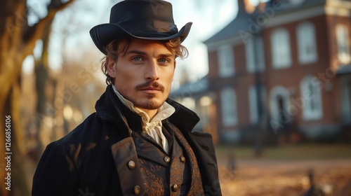 Historical gentleman wearing top hat posing in front of colonial era house