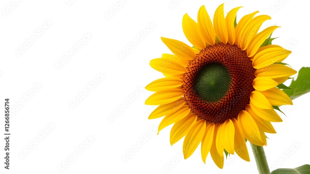 Fototapeta premium Sun-Kissed Sunflower: A vibrant sunflower, with its bright yellow petals and dark brown center, stands out against a plain white background. Its beauty and optimism radiate.