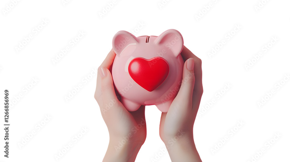 Obraz premium Hands hold a pink piggy bank and small red heart on pink background.Concept of saving money or savings, investment or love.