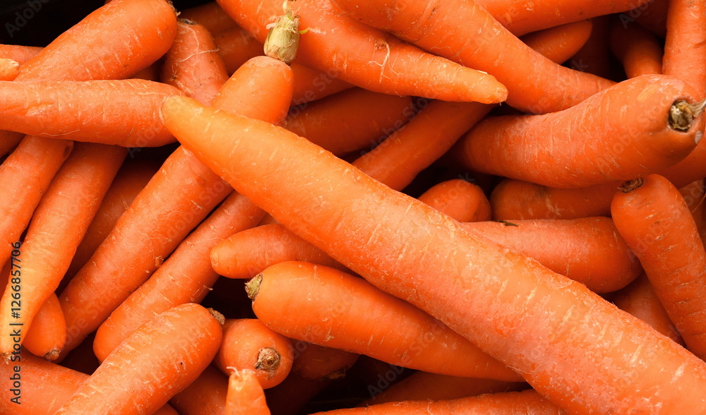 Organic carrots background. Stack of fresh carrots at the market