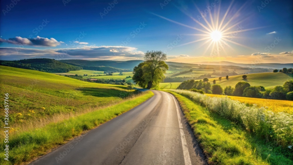 Naklejka premium A Scenic Asphalt Road Curves Through Lush Green Rolling Hills Bathed in the Golden Light of a Setting Sun, with a Single Tree Standing Tall