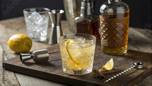 Photorealistic whiskey sour cocktail in a tumbler glass with ice cubes and lemon wedge, surrounded by cocktail-making tools and whiskey bottle on a rustic bar, moody lighting for a classic and elegant