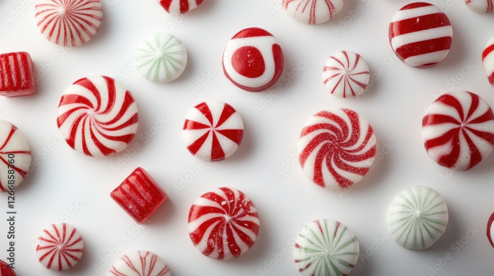 Assorted Christmas candy, various shapes and colors, on white background. Top view.