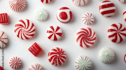 Obraz na płótnie Assorted Christmas candy, various shapes and colors, on white background. Top view. w salonie