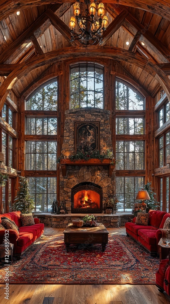 Fototapeta premium Cozy mountain cabin living room with stone fireplace and forest view in winter